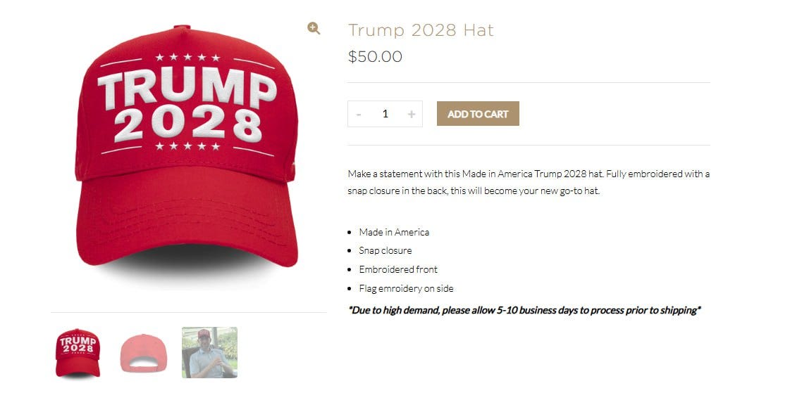А еще Дональд начал продавать официальный мерч с надписью «TRUMP 2028». Предлагаю ему сразу еще заказать партию кепок с надписью «Голосуй за поправки в конституцию!», пригодится А еще Дональд начал продавать официальный мерч с надписью «TRUMP 2028». Предлагаю ему сразу еще заказать партию кепок с надписью «Голосуй за поправки в конституцию!», пригодится