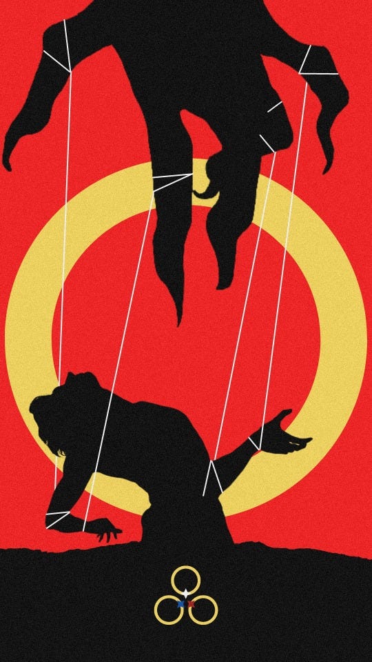 An edit in the style of a retro poster.  The focus is on the black silhouette of a man. He is leaning backwards with his arms stretched convulsively away from him and his head thrown back into his neck. White lines on his wrists and elbows are connected to a large hand above him, making him look like a puppet.  At the bottom of the image are three small golden rings, each with a star in red, white or blue. The background is mainly red with a large golden circle in the middle.