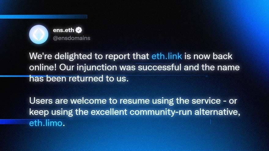 ENS Regains Control Of eth.link Domain