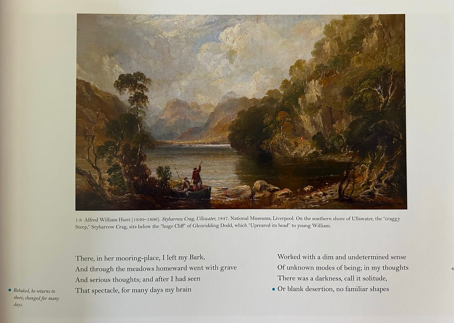 A page from The Prelude which includes lines of poetry on the bottom half of the page and a 19th-century rendering of a nature scene.