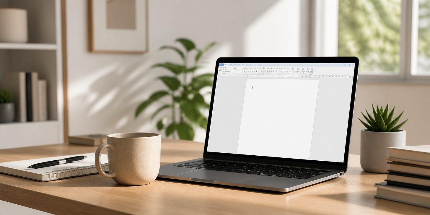 A laptop sitting on a desk in a sunny room. The laptop has a word processing application open. A laptop sitting on a desk in a sunny room. The laptop has a word processing application open.