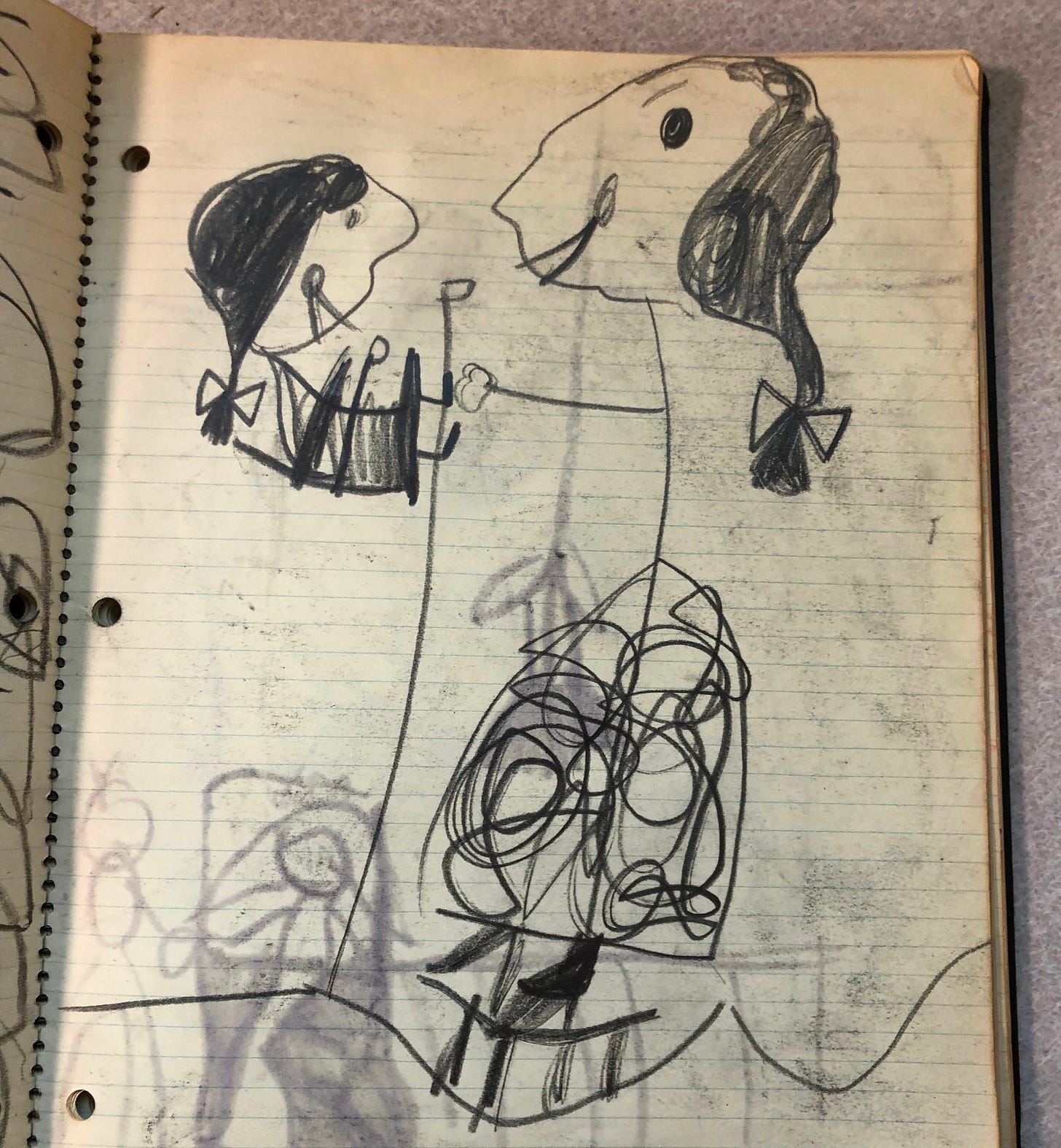 sketch of girl playing with a big person, mom?
