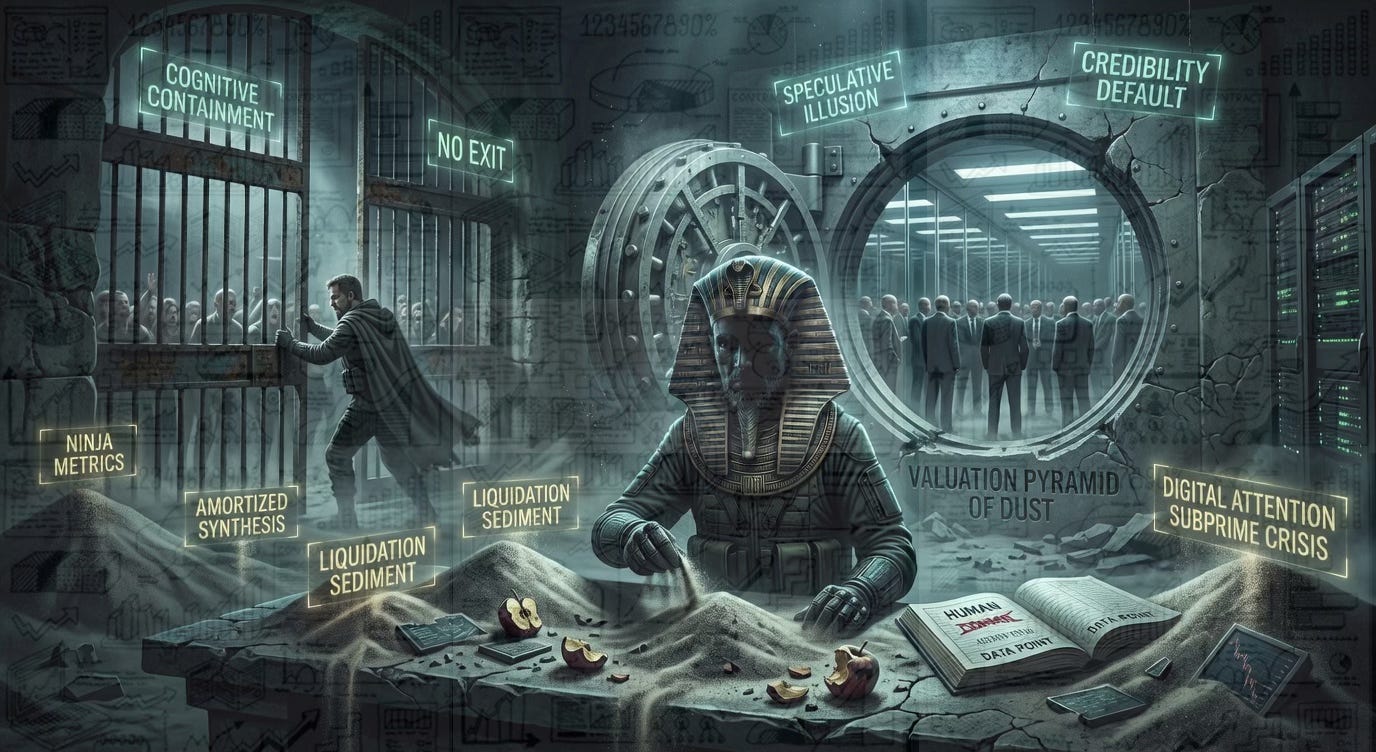 A high-contrast, wide-angle shot that serves as the visual post-mortem of the digital empire. On the left, 'The Shepherd' is seen in profile, his hand firmly on a heavy iron gate as he locks a crowd of indistinct figures into a dark, server-lined enclosure labeled 'Cognitive Containment.' In the center foreground, 'The Pharaoh' sits at a stone desk, his hybrid Jack/Elon face cold and indifferent as he runs fine sand—'Liquidation Sediment'—through his fingers. To the right, the massive circular door of a high-tech bank vault stands open, revealing no gold or data, but a hall of infinite mirrors reflecting a line of empty suits. Floating neon labels like 'CREDIBILITY DEFAULT' and 'SPECULATIVE ILLUSION' flicker in the gloom, signaling the final collapse of the digital subprime. A high-contrast, wide-angle shot that serves as the visual post-mortem of the digital empire. On the left, 'The Shepherd' is seen in profile, his hand firmly on a heavy iron gate as he locks a crowd of indistinct figures into a dark, server-lined enclosure labeled 'Cognitive Containment.' In the center foreground, 'The Pharaoh' sits at a stone desk, his hybrid Jack/Elon face cold and indifferent as he runs fine sand—'Liquidation Sediment'—through his fingers. To the right, the massive circular door of a high-tech bank vault stands open, revealing no gold or data, but a hall of infinite mirrors reflecting a line of empty suits. Floating neon labels like 'CREDIBILITY DEFAULT' and 'SPECULATIVE ILLUSION' flicker in the gloom, signaling the final collapse of the digital subprime.