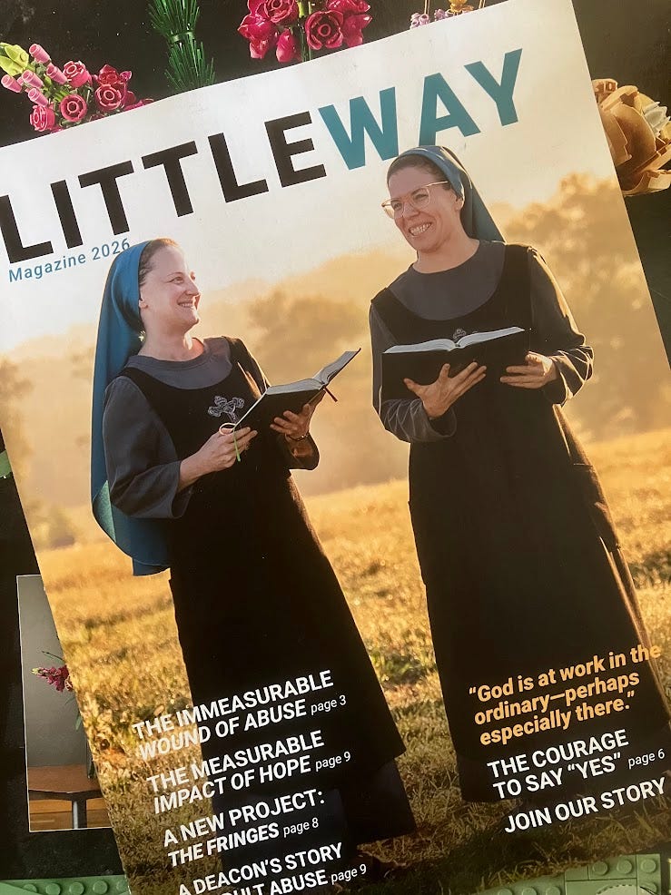 Little Way magazine with smiling nuns on cover, sitting on my box of floral legos