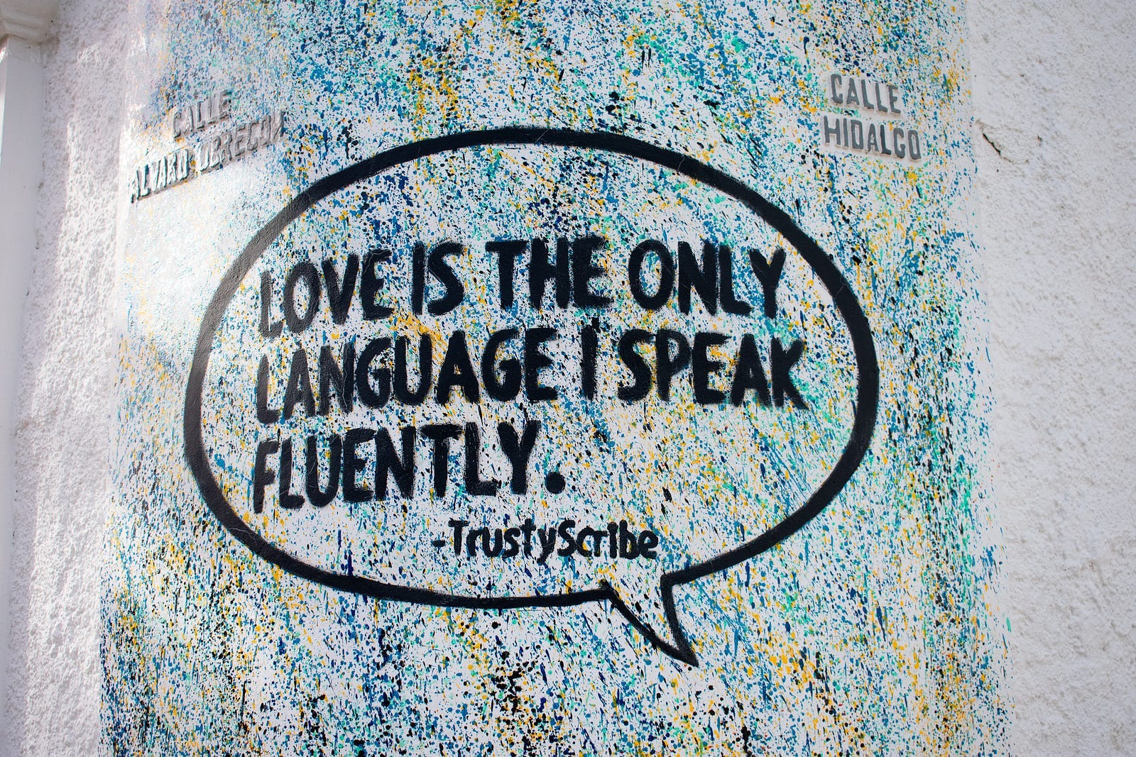 Graffiti on a wall showing a speach bobble saying “Love is the only language I speak fluently.”, signed by TrystyScribe Graffiti on a wall showing a speach bobble saying “Love is the only language I speak fluently.”, signed by TrystyScribe