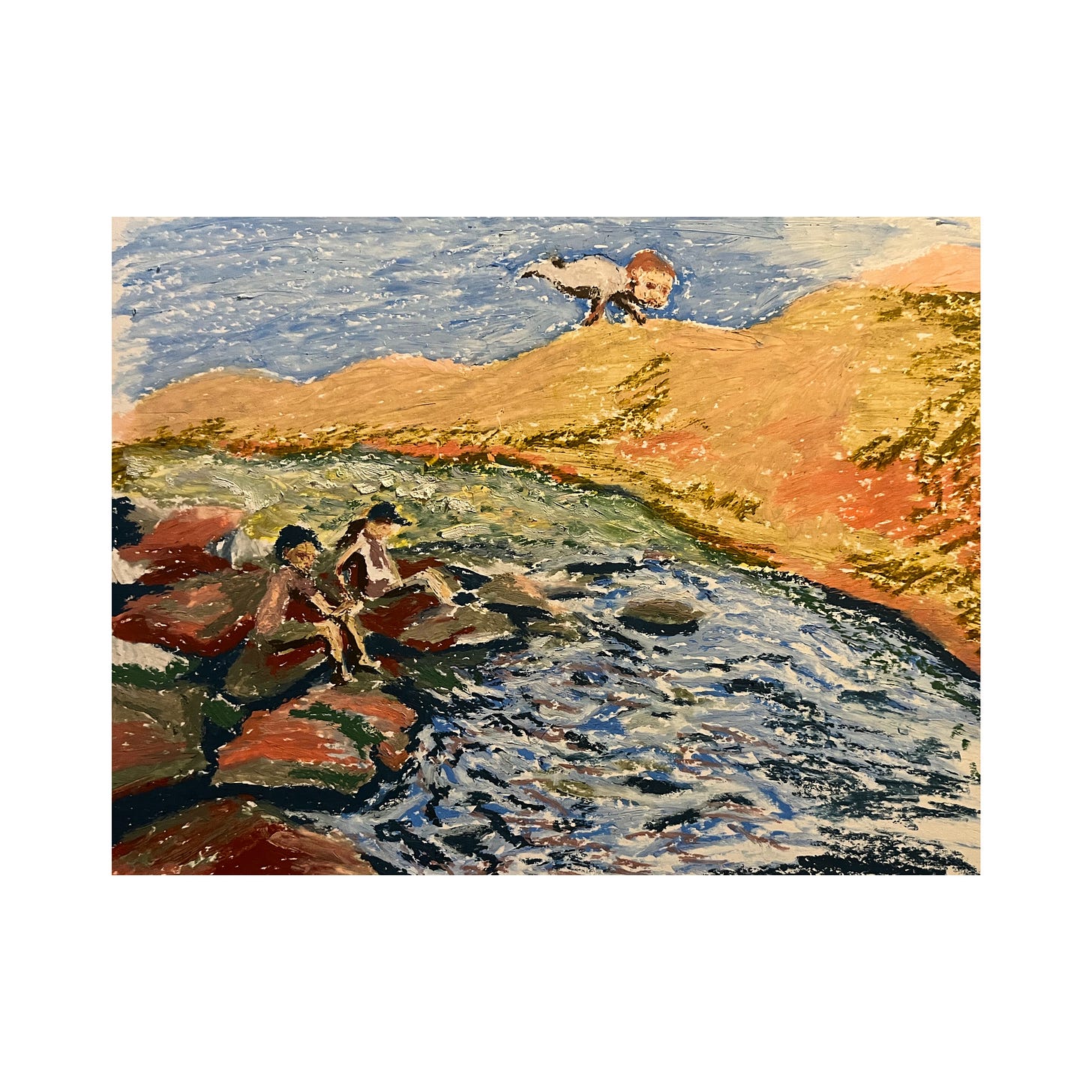 a baby flying in sky over two women with legs in a river
