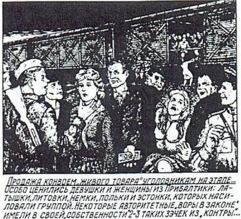 Image showing women being unloaded from box cars and men paying money for them. Image showing women being unloaded from box cars and men paying money for them.