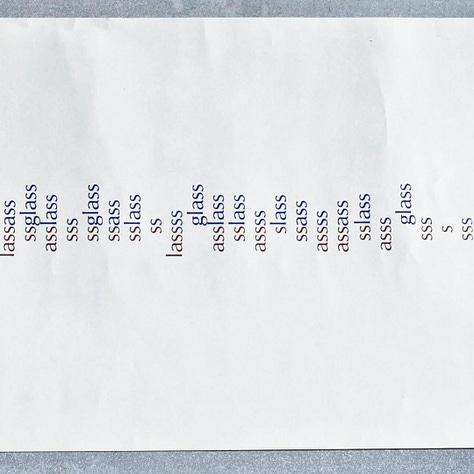 Dick Higgins, glasslass (for karen, barton vermont, july 17th 1970), (two color print on grey cardboard), Published by the artist, Barton, VT, 1970 [konkretpoesi. Fondazione Bonotto, Colceresa (VI). © Dick Higgins]