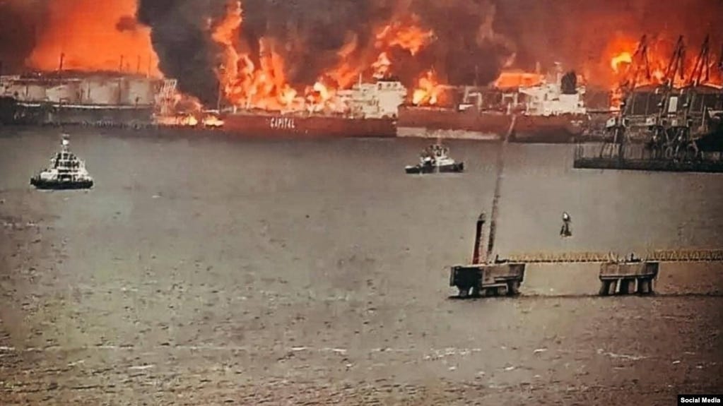 Fires burn in the port of Ust-Luga, Russia, after a Ukrainian strike on the night of March 25. Fires burn in the port of Ust-Luga, Russia, after a Ukrainian strike on the night of March 25.