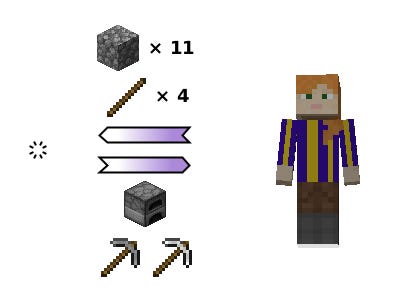 (C) player→void {cobblestone ×11, stick ×4}. (P) void→player {furnace, stone pickaxe, iron pickaxe}. (C) player→void {cobblestone ×11, stick ×4}. (P) void→player {furnace, stone pickaxe, iron pickaxe}.
