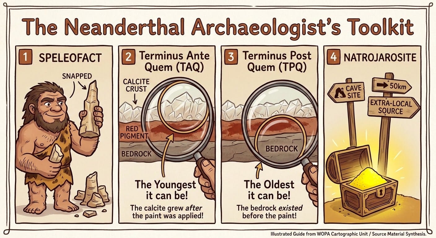 An entertaining and easy-to-understand infographic titled 'The Neanderthal Archaeologist's Toolkit'. The design uses a playful, hand-drawn comic style with earthy colors. 1. 'Speleofact': A cartoon Neanderthal proudly holding a snapped stalagmite like a building block. 2. 'Terminus Ante Quem (TAQ)': A magnifying glass looking at a calcite crust 'sandwiching' a red paint layer from above, labeled 'The Youngest it can be!'. 3. 'Terminus Post Quem (TPQ)': A similar magnifying glass looking at the bedrock layer 'underneath' the paint, labeled 'The Oldest it can be!'. 4. 'Natrojarosite': A small treasure chest filled with bright yellow powder with a 50km signpost next to it. The layout is clean with fun, clear labels for each term.