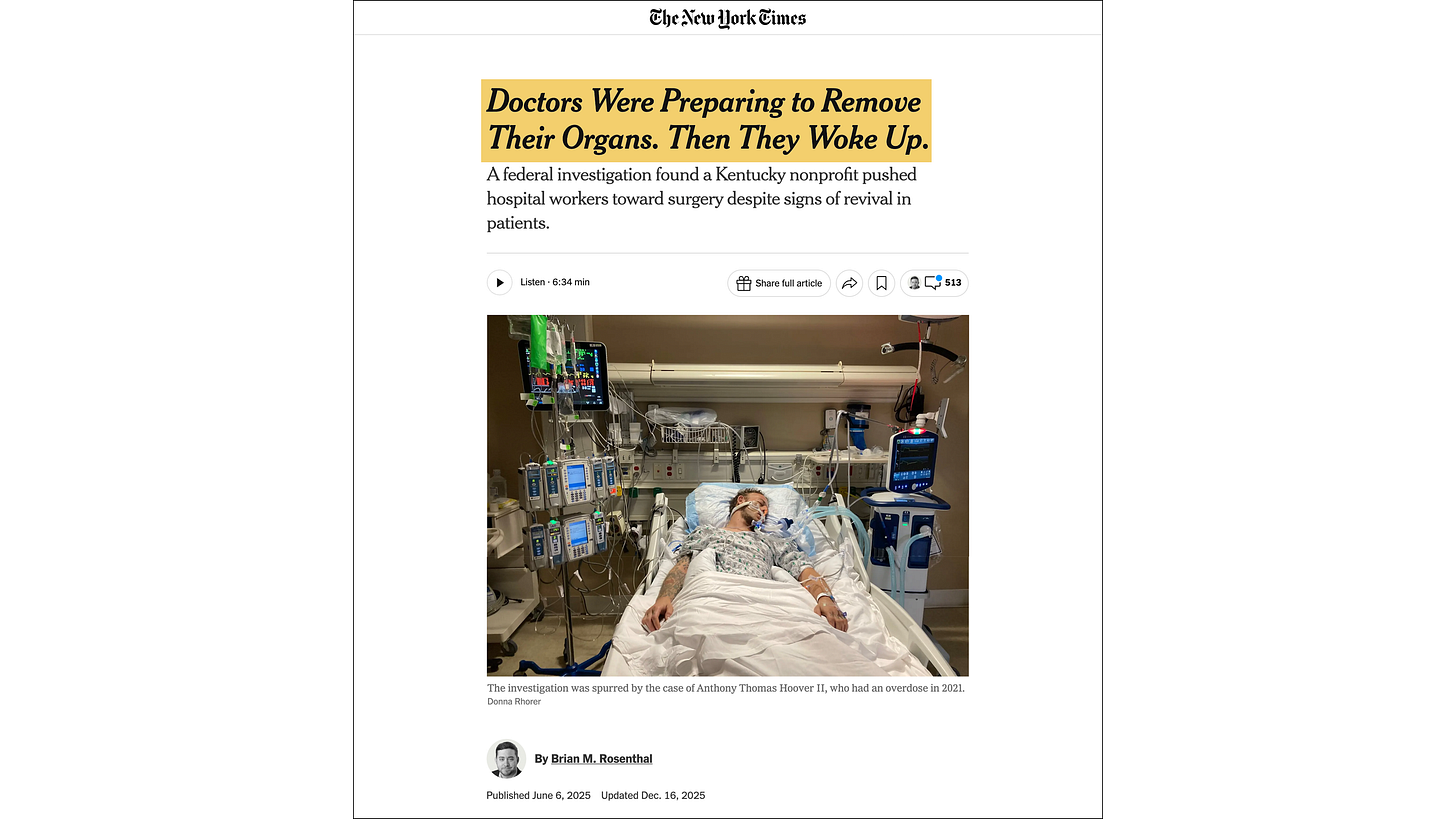 Doctors Were Preparing to Remove Their Organs. Then They Woke Up. (The New York Times, 2025)
