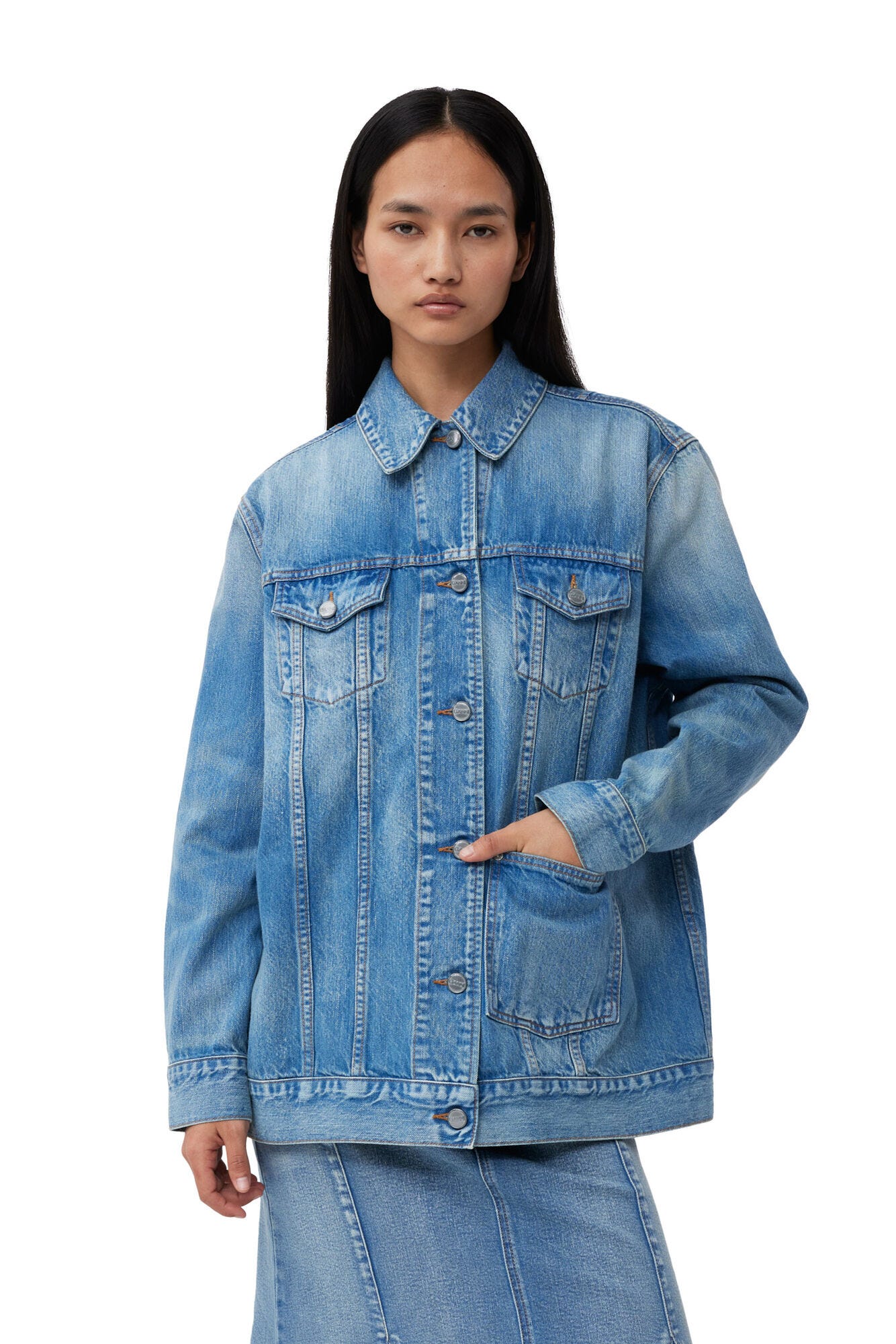 Tint Oversized Denim Jacket, Organic Cotton, in colour Tint Wash - 1 - GANNI