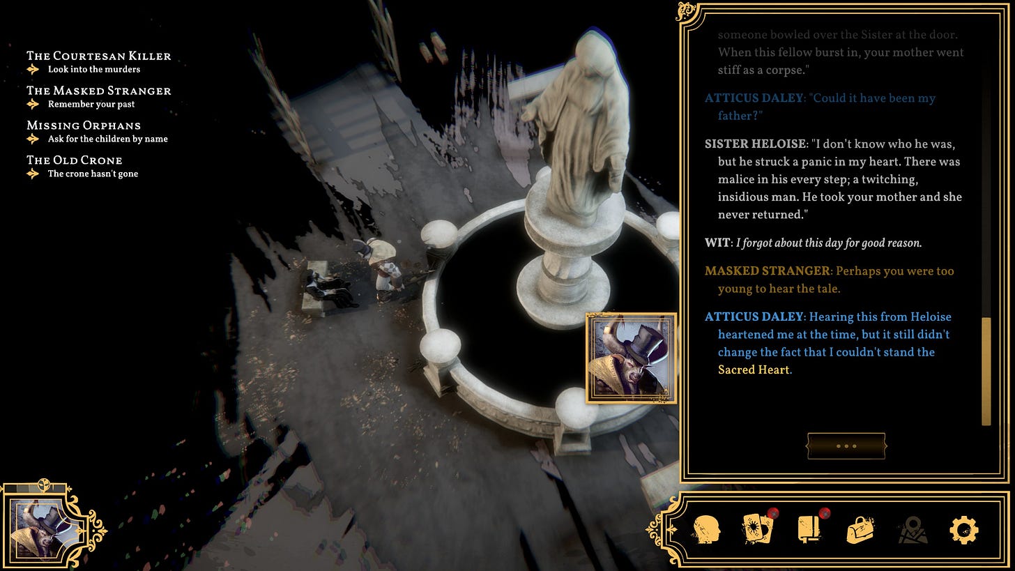 A screenshot of the game Sovereign Syndicate, showing the player character, Atticus Daley, in dialogue with a nun called Heloise at Sacred Heart, the orphanage where he grew up.