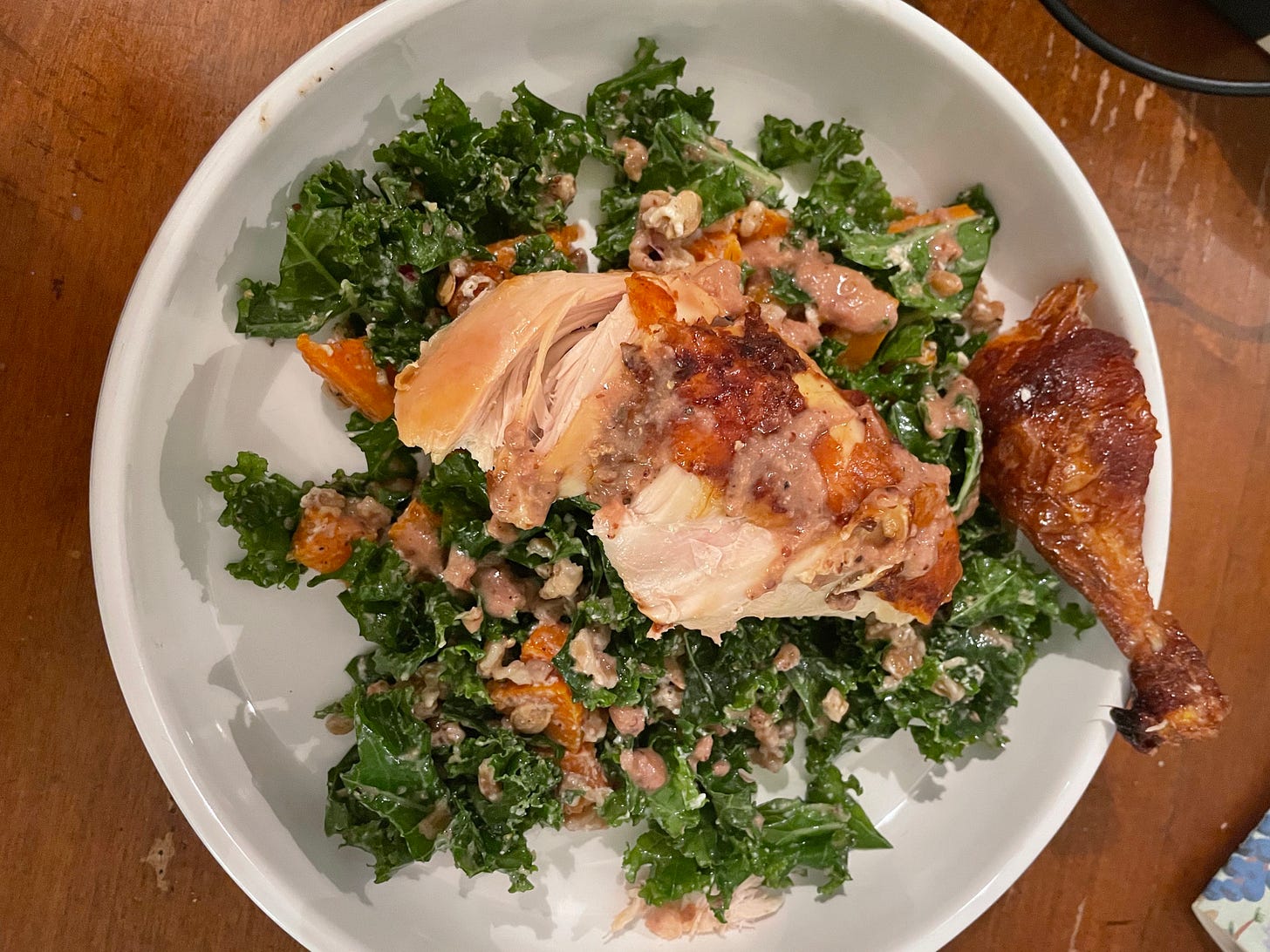 kale salad with butternut squash and rotisserie chicken