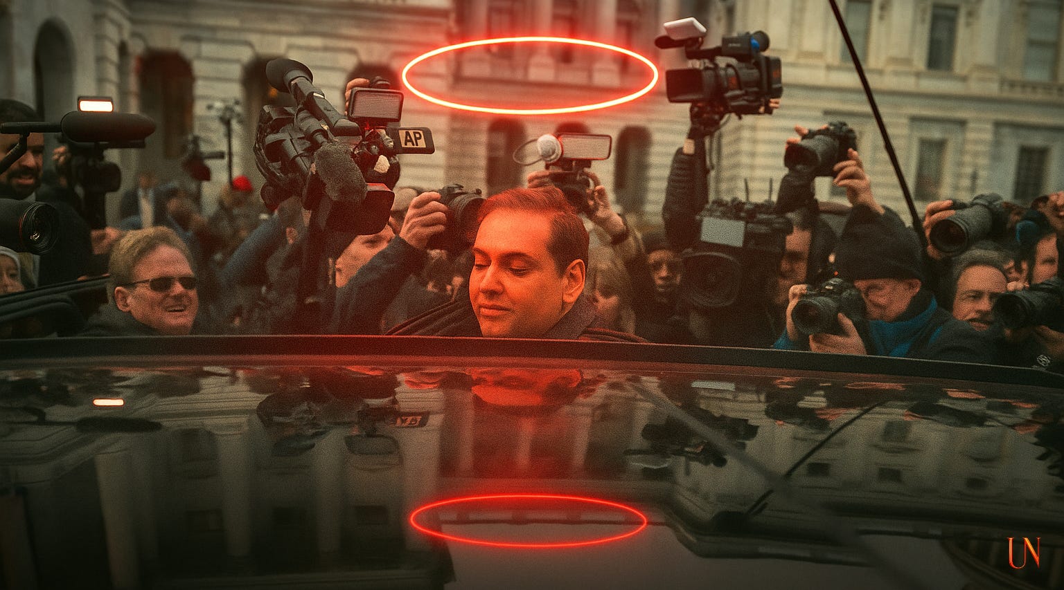 Former New York Republican Rep. George Santos stands amid a crush of photographers outside the Capitol. A faint red halo glows above his head and echoes in the car’s reflection below, turning the scene into a meditation on spectacle and manufactured mercy. (Photo by Tom Williams / CQ Roll Call)