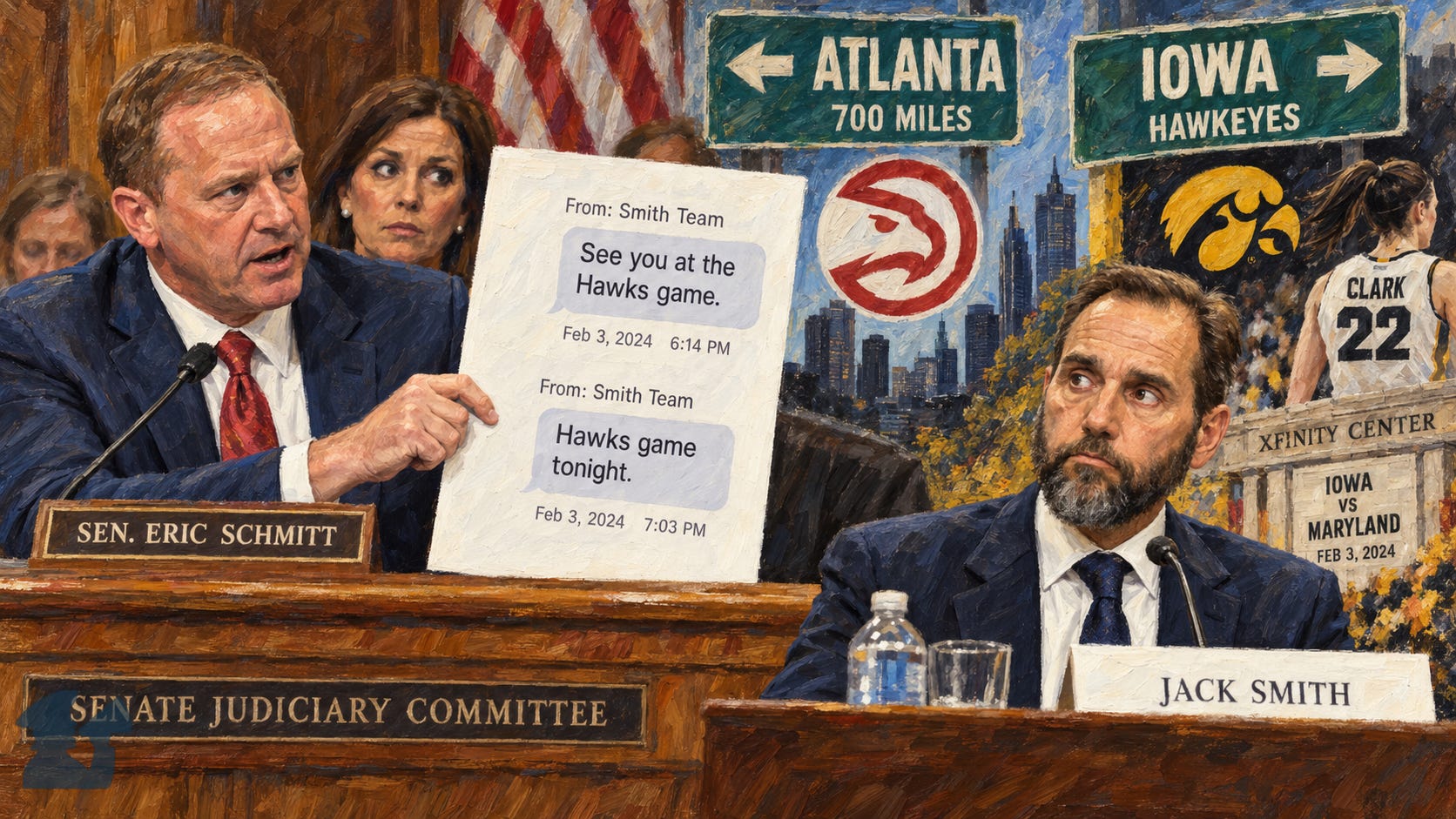 Painterly editorial illustration of Sen. Eric Schmitt confronting Jack Smith at a Senate Judiciary Committee hearing, contrasted with Atlanta Hawks and Iowa Hawkeyes imagery highlighting Schmitt’s mistaken basketball-game accusation. Painterly editorial illustration of Sen. Eric Schmitt confronting Jack Smith at a Senate Judiciary Committee hearing, contrasted with Atlanta Hawks and Iowa Hawkeyes imagery highlighting Schmitt’s mistaken basketball-game accusation.