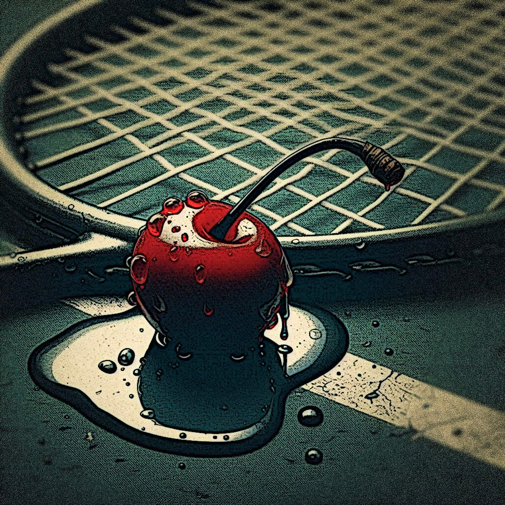 A tennis racquet lies flat on a dark green surface (maybe a clay tennis court?). Lying next to the head of the racquet, and touching it, is a bright red maraschino cherry of exagerrated size, in a puddle of syrup. A tennis racquet lies flat on a dark green surface (maybe a clay tennis court?). Lying next to the head of the racquet, and touching it, is a bright red maraschino cherry of exagerrated size, in a puddle of syrup.