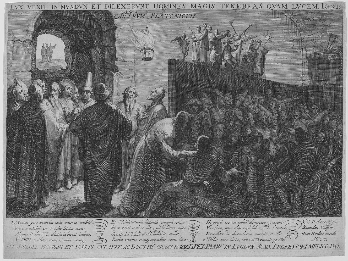 Plato's Cave. Jan Saenredam after Cornelis van Haarlem, 1604. The Latin at the top is John 3:19: light came into the world, and men loved darkness rather than light. National Gallery of Art, public domain.
