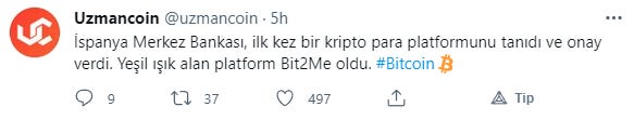 İspanya Merkez Bankası, ilk kez bir kripto para platformunu tanıdı ve onay verdi. Yeşil ışık alan platform Bit2Me oldu.