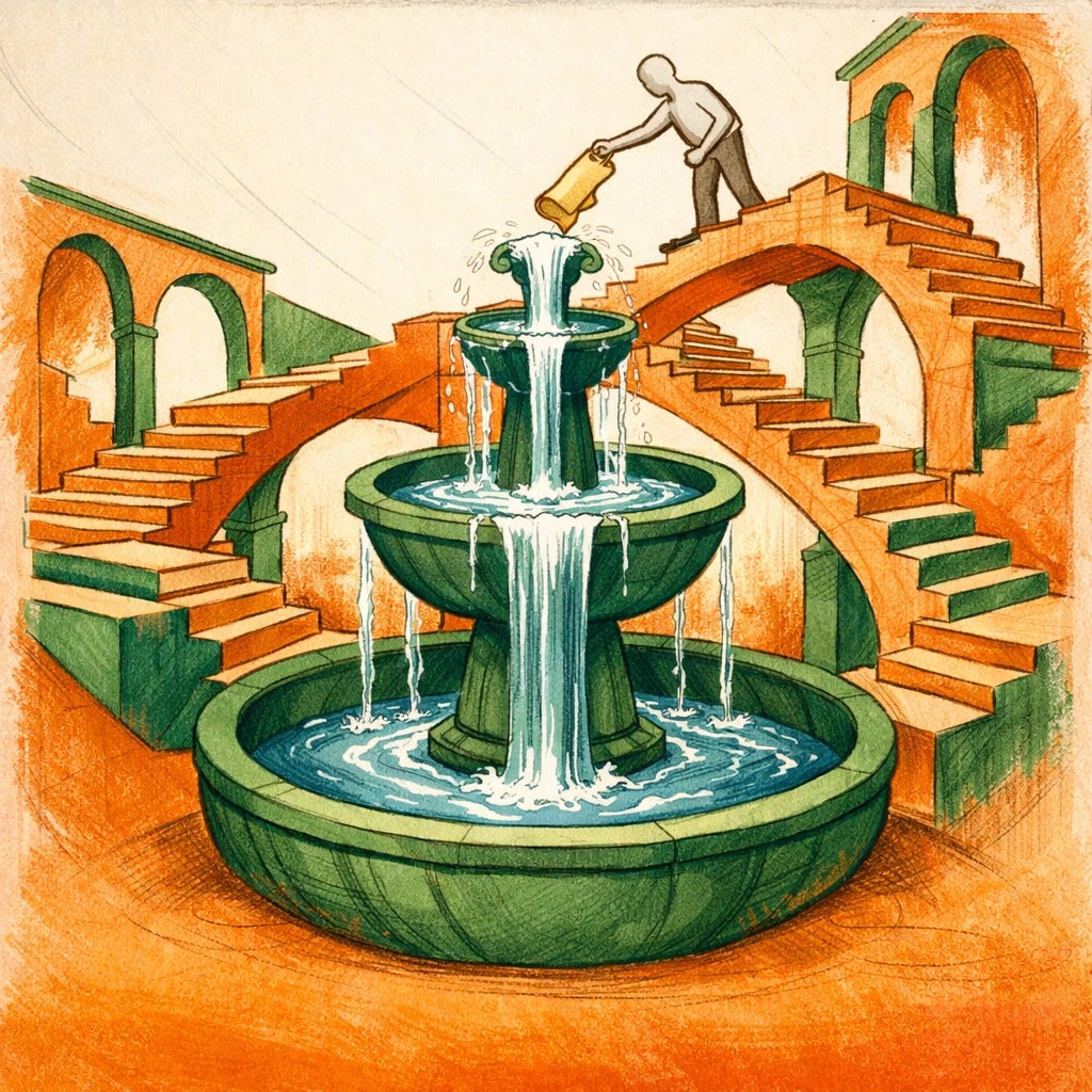 Surreal fountain and stairs graphic illustrating the flow of contextual data into AI agent workflows.