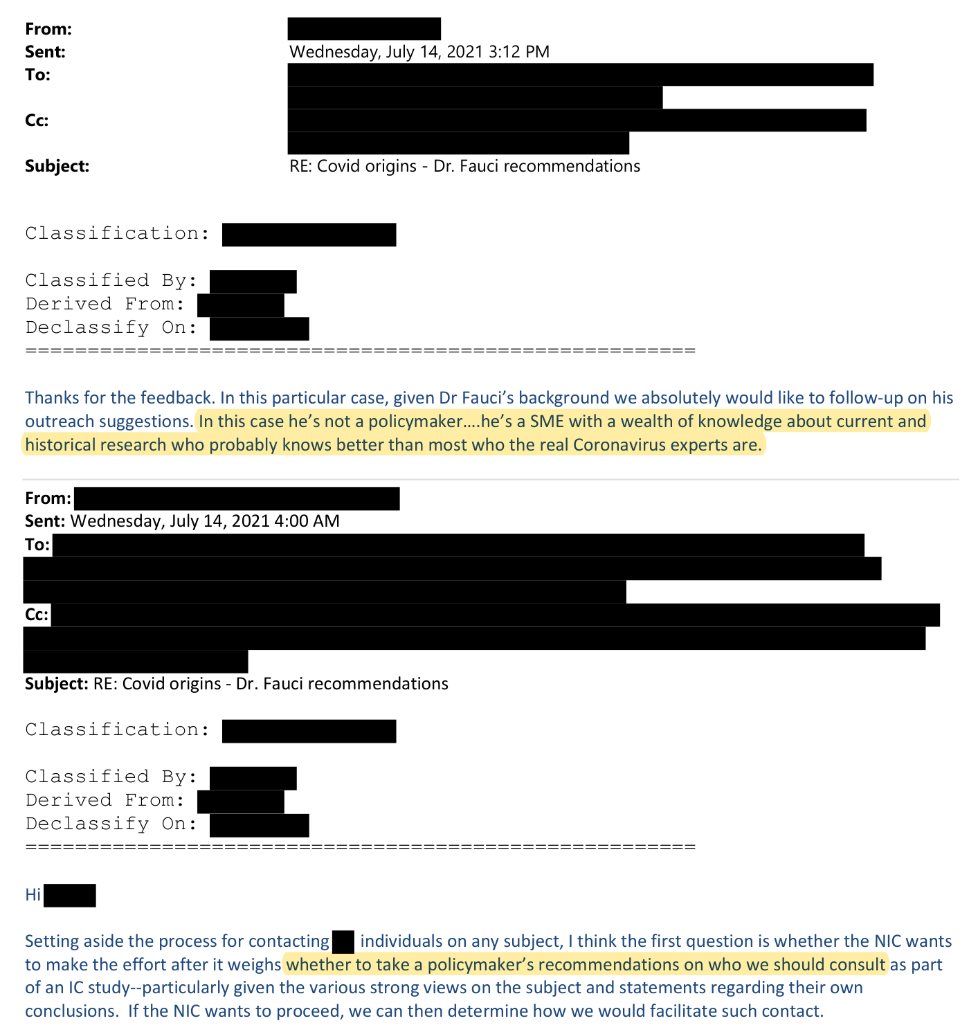 Declassified intelligence emails, July 14, 2021. From DNI Tulsi Gabbard's June 2026 COVID release (Part 1, p. 21).