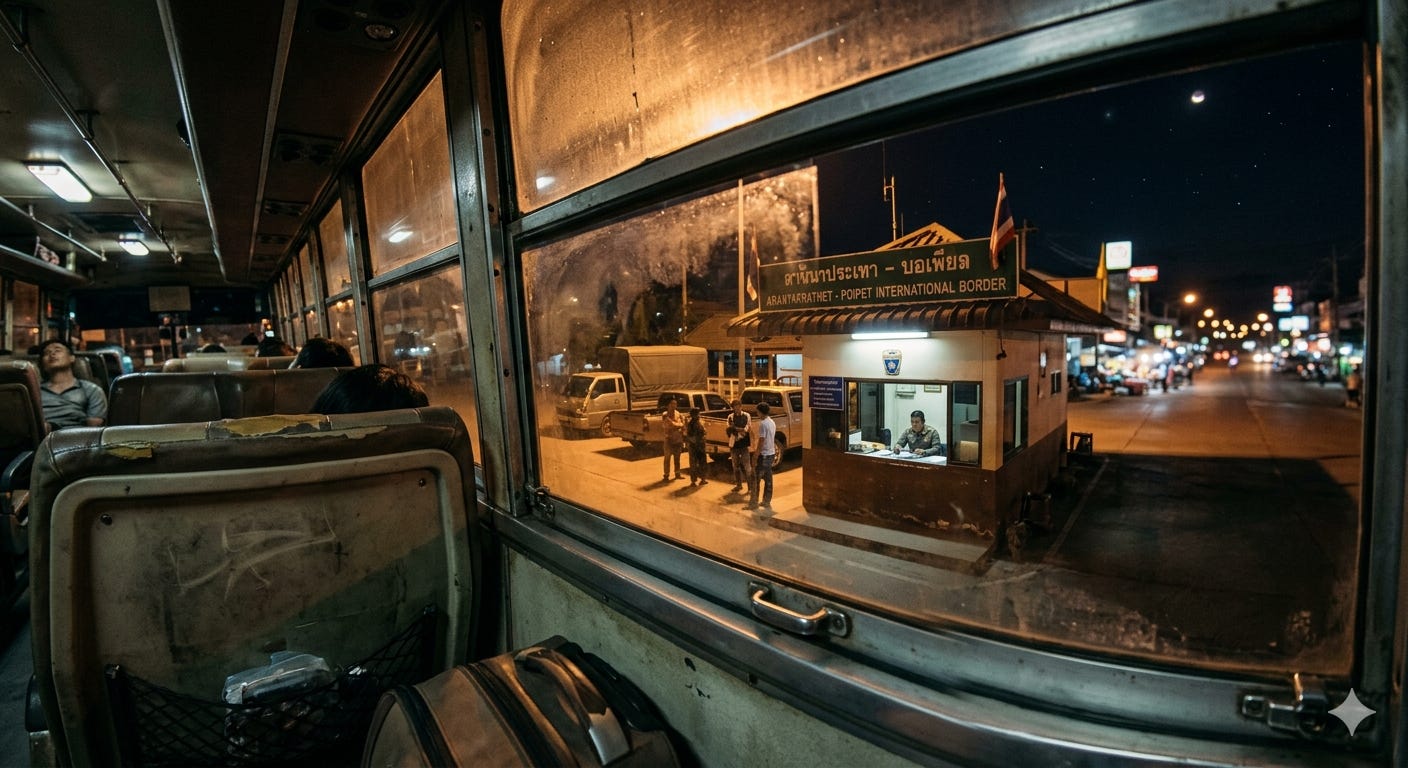 A view from a bus window at a quiet border checkpoint. A view from a bus window at a quiet border checkpoint.