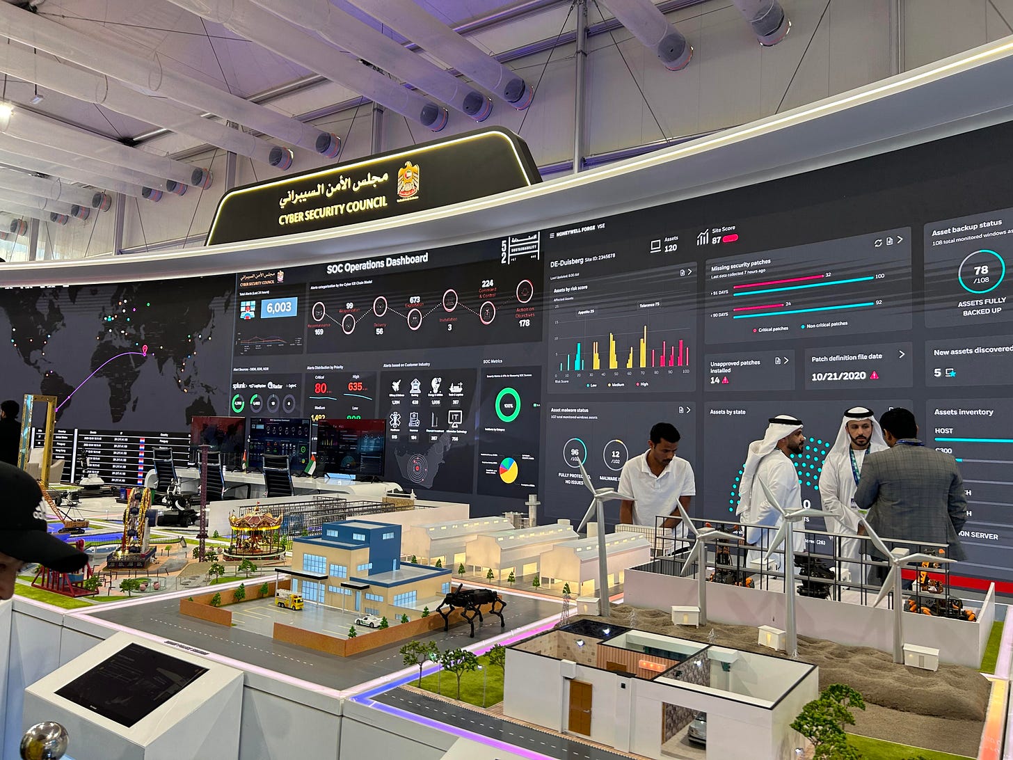 A model city with a huge screen behind it showing cybersecurity threats