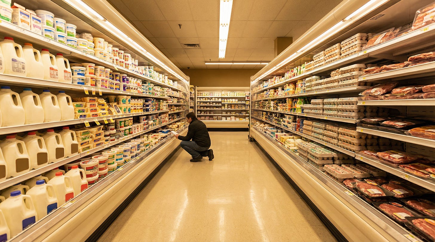 AI-generated illustration of an American grocery store aisle, wide shot, shelves fully stocked, single shopper seen from behind examining a price label, warm fluorescent overhead lighting, symbolizing lower inflation and cost of living.