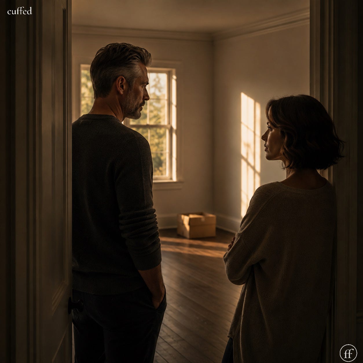 man and woman stand facing each other across an empty, sunlit room mid-move, a moving box on the floor between them, doorway framing the shot. cuffed wordmark top left, ff logomark bottom right. quiet, unresolved tension between two people about to rebuild a life together.