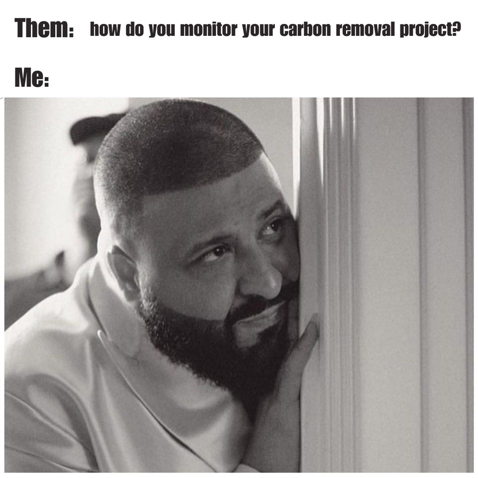 "Them: how do you monitor your carbon removal project? Me:" above DJ Khaled peeking nervously from behind a door.