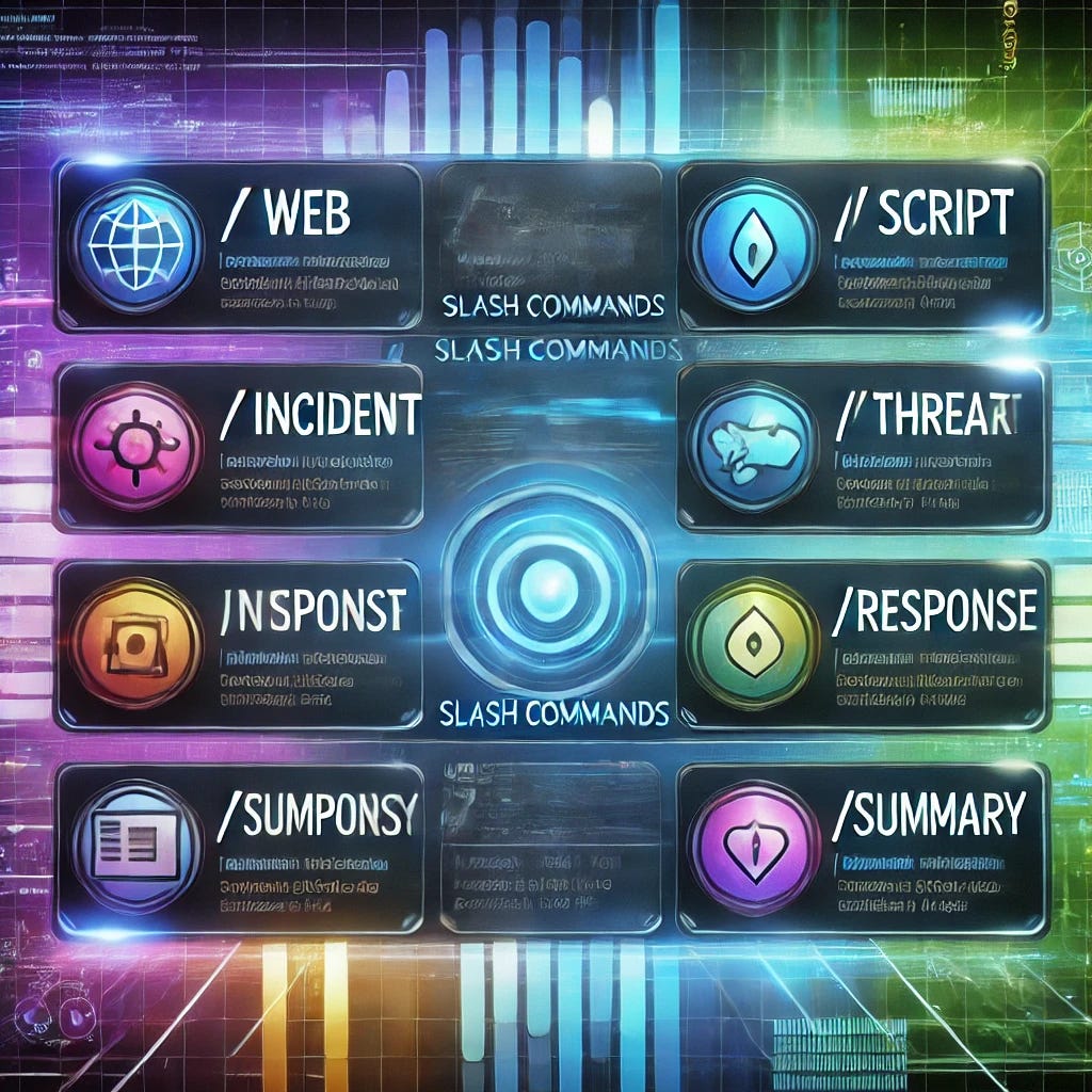 A colorful and dynamic image showcasing Copilot slash commands. The image features a sleek, futuristic digital interface with command lines on the left side displaying the following text: /web, /incident, /threat, /script, /response, /summary, and /impact. Each command is visually represented with icons related to security, threat detection, incident reporting, and analysis. The background is abstract and vibrant, filled with bright blues, purples, and greens, conveying a high-tech, efficient, and modern feel. The dashboard should appear automated, with digital elements connecting each slash command to relevant functions.