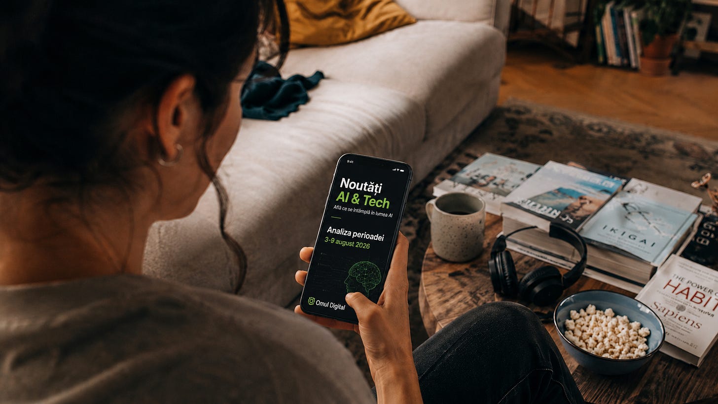 Cover Omul Digital pentru știrile AI și Tech din perioada 3–9 august 2026, afișate pe ecranul unui telefon mobil într-un cadru de living. Cover Omul Digital pentru știrile AI și Tech din perioada 3–9 august 2026, afișate pe ecranul unui telefon mobil într-un cadru de living.