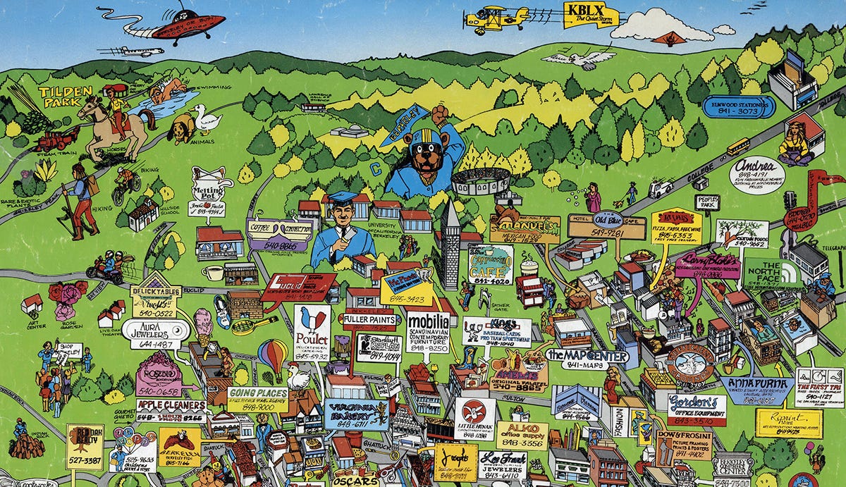 a colorful map with cartoonlike drawings of signs and businesses a colorful map with cartoonlike drawings of signs and businesses