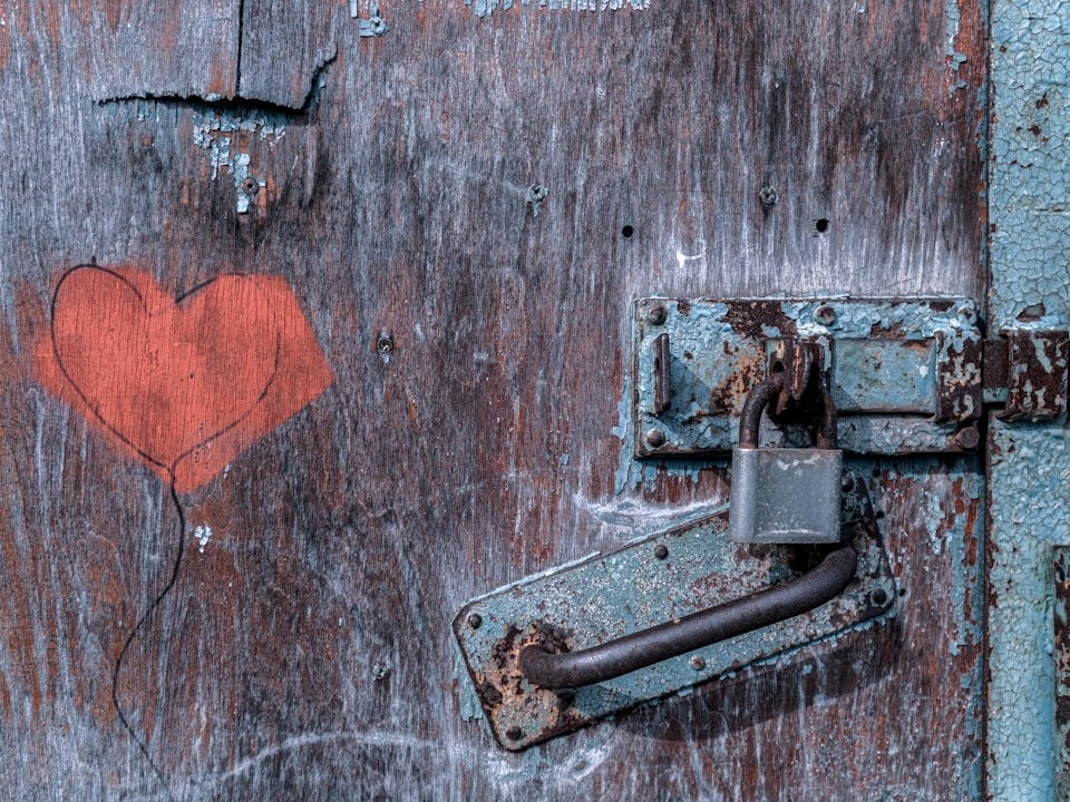 gray metal padlock on brown wooden door