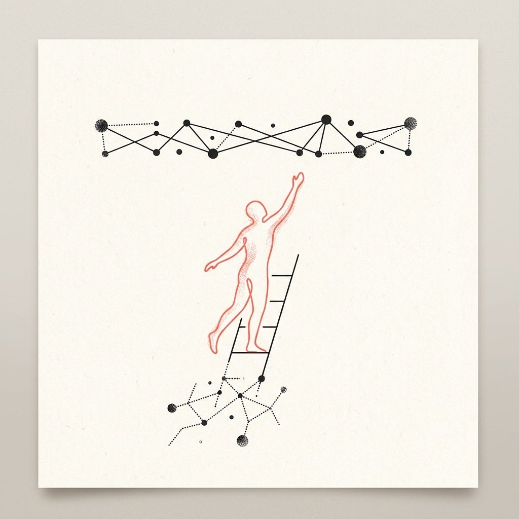 A coral human figure reaches from a broken ladder toward a black geometric bar, illustrating how agentic AI raises the work while removing lower rungs. A coral human figure reaches from a broken ladder toward a black geometric bar, illustrating how agentic AI raises the work while removing lower rungs.