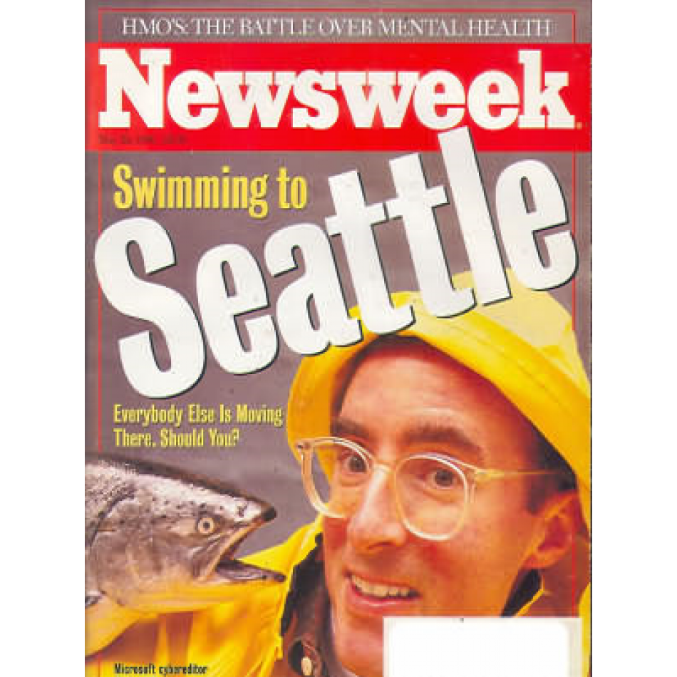 Newsweek cover showing writer Michael Kinsley and the headline "Swimming to Seattle." Newsweek cover showing writer Michael Kinsley and the headline "Swimming to Seattle."