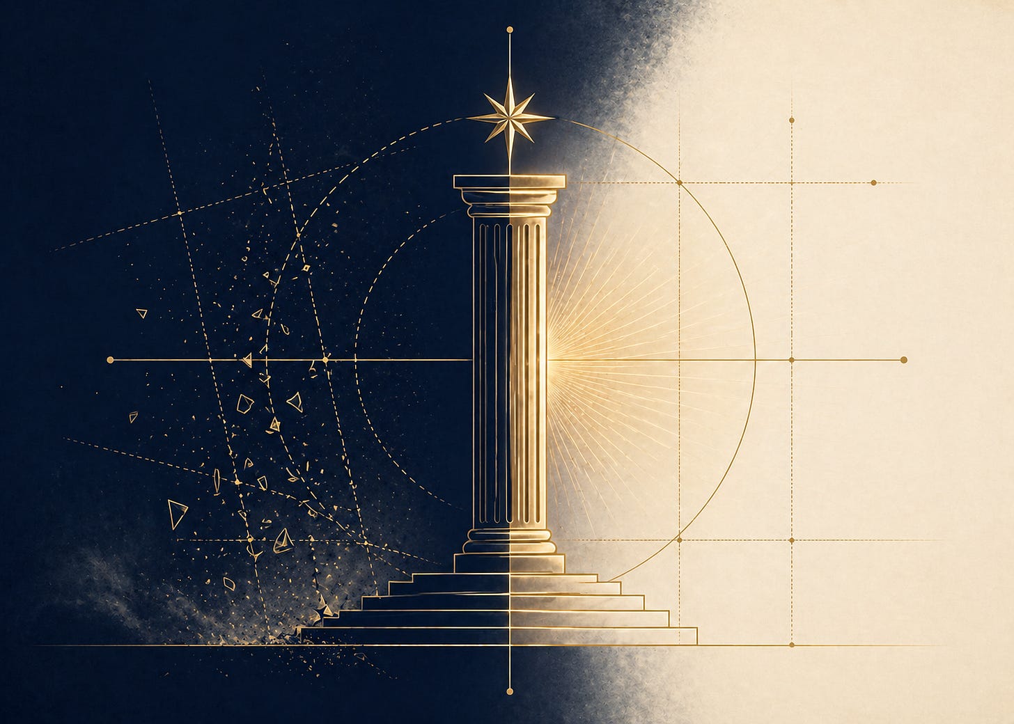 Minimalist navy and gold illustration of a classical column centered in a 14:10 layout, dividing two contrasting states. The left side is deep navy with fragmented geometric lines and scattered particles suggesting disorder and misalignment. The right side is warm cream with clean grid lines, a glowing circular form, and radiant gold light indicating alignment and clarity. The column transitions from shadowed navy tones on the left to illuminated gold on the right, symbolizing a shift from inner disorder to inner order. Minimalist navy and gold illustration of a classical column centered in a 14:10 layout, dividing two contrasting states. The left side is deep navy with fragmented geometric lines and scattered particles suggesting disorder and misalignment. The right side is warm cream with clean grid lines, a glowing circular form, and radiant gold light indicating alignment and clarity. The column transitions from shadowed navy tones on the left to illuminated gold on the right, symbolizing a shift from inner disorder to inner order.