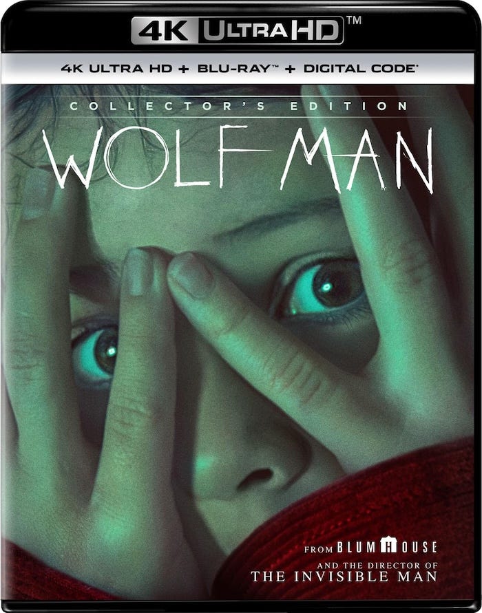 Wolf Man 4K UHD cover art — Collector’s Edition slipcover for Wolf Man (2025) on 4K Ultra HD + Blu-ray + Digital, featuring a terrified woman’s face peeking through her fingers.