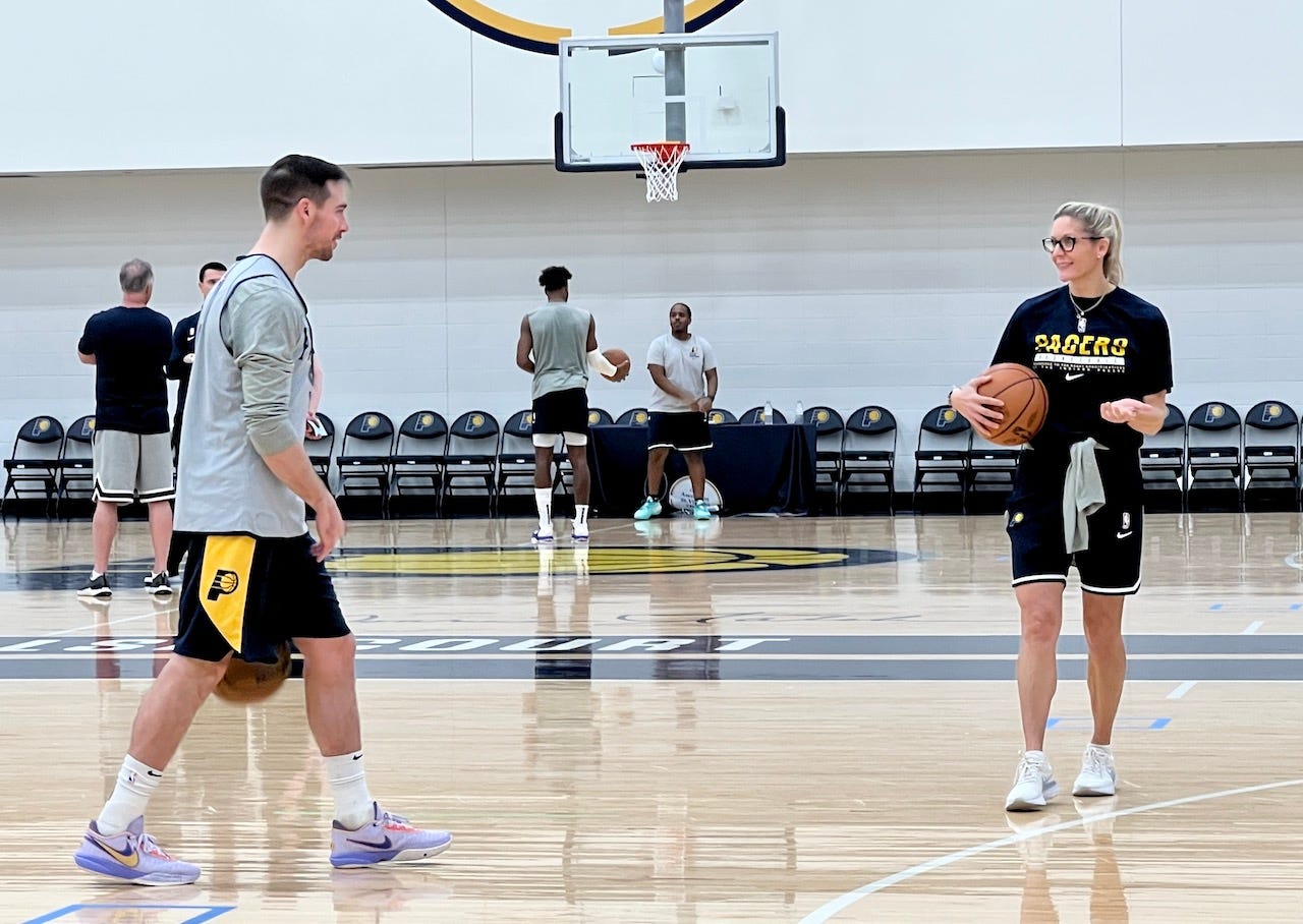 T.J. McConnell works on his 3-point shooting after practice with assistant coach Jenny Boucek.