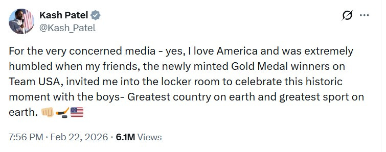 Patel: For the very concerned media, - yes, I love America and was extremely humbled when my friends, the newly minted Gold Medal winners o Team USA, invited me into the locker room to celebrate this historic moment with the boys - Greatest country on earth and greatest sport on earth. 