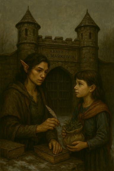 A dark fantasy image of the North Gate of the Abbey of St. Markovia in Barovia. The gate is a towering, weathered stone archway set into the outer wall of the abbey, flanked by crumbling statues of saints with eroded faces. The gate itself is made of heavy iron bars, rusted and twisted, with a smaller wooden door inset for visitors. Snow blankets the ground and clings to the stonework, while mist curls through the air. Beyond the gate, the abbey looms with gothic spires and shuttered windows, its silhouette stark against a stormy indigo sky. The atmosphere is eerie, sacred, and foreboding.