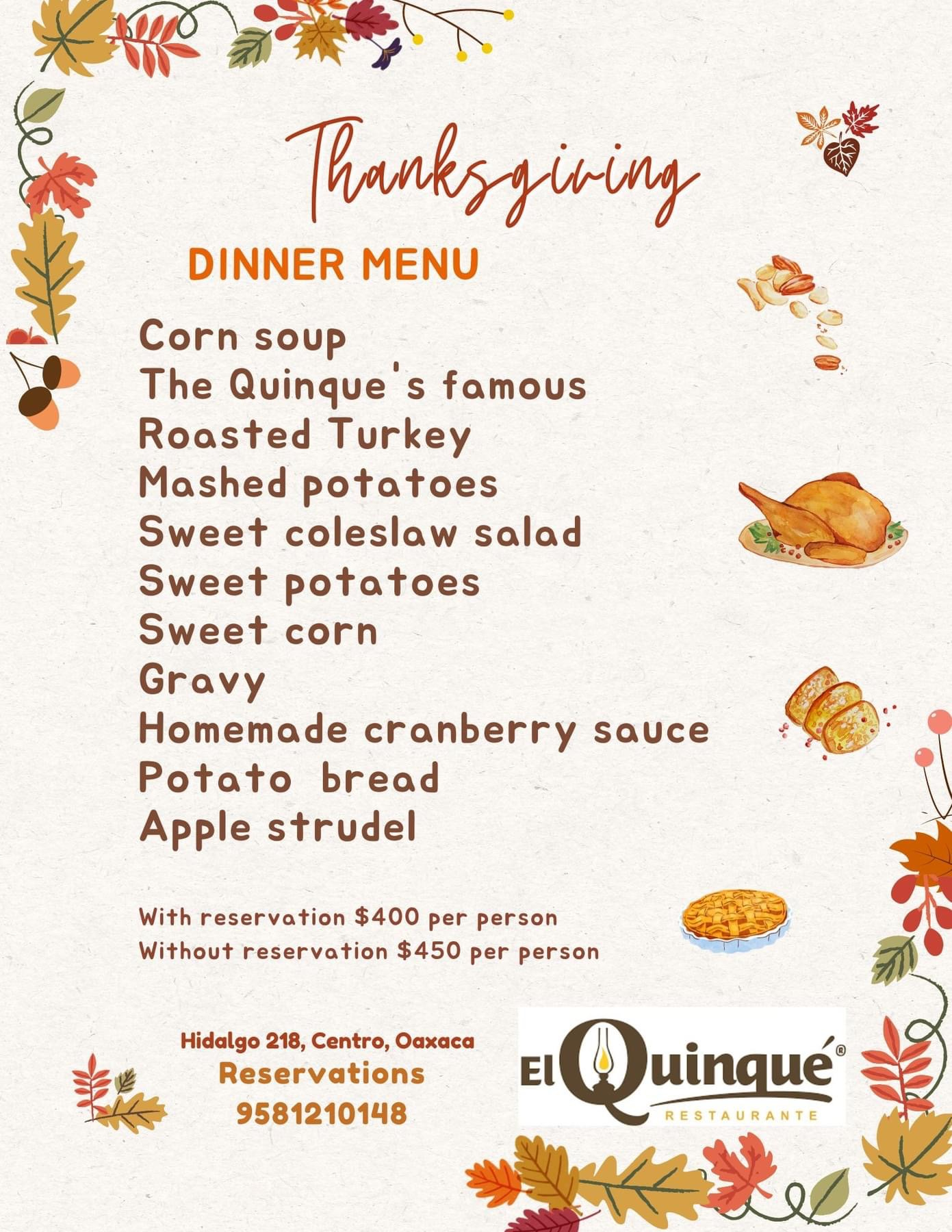 A menu for a restaurant in Oaxaca serving Thanksgiving dinner.