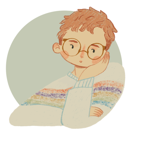 A drawing of Nicki looking off the the right with their head in their head. They are wearing a rainbow jumper, hold their head in their hand and are smiling softly.