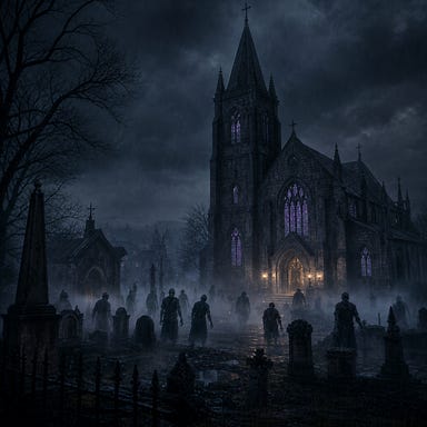 Exterior of St. Andral’s Church in Barovia with misty graveyard and silhouettes of undead figures approaching but not attacking, tension and atmosphere only, no violence Exterior of St. Andral’s Church in Barovia with misty graveyard and silhouettes of undead figures approaching but not attacking, tension and atmosphere only, no violence