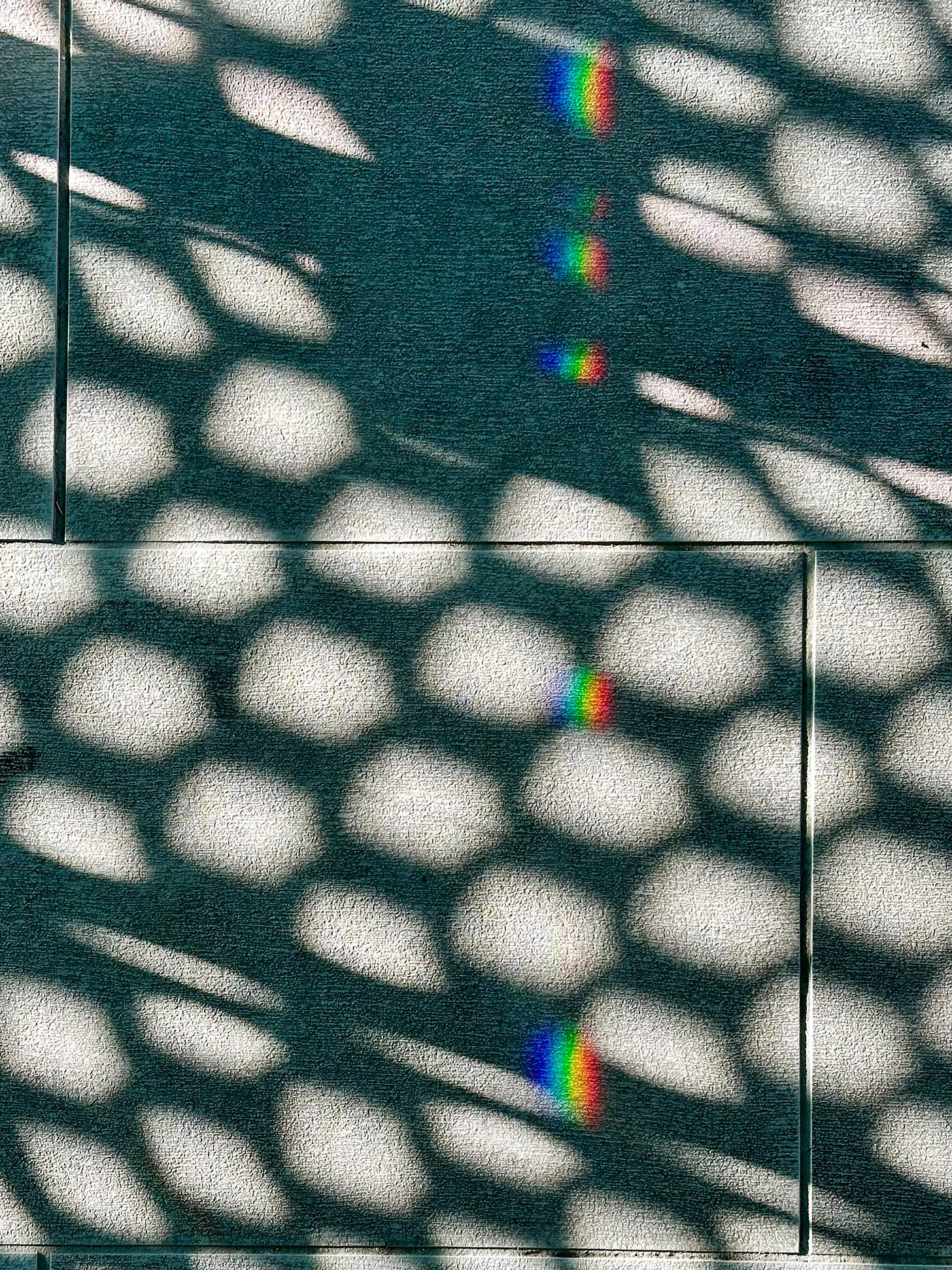 A photo I took to capture accidental refractions of light which shined scattered rainbows onto a textured concrete floor.