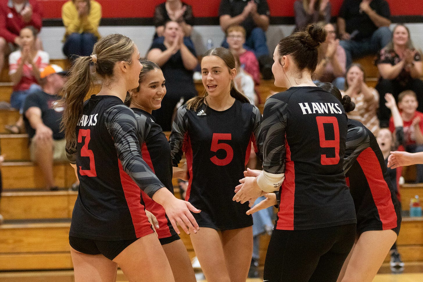 The Toledo Riverhawks celebrate after scoring a point during Toledo's win at Tenino on Sept. 10. The Toledo Riverhawks celebrate after scoring a point during Toledo's win at Tenino on Sept. 10.
