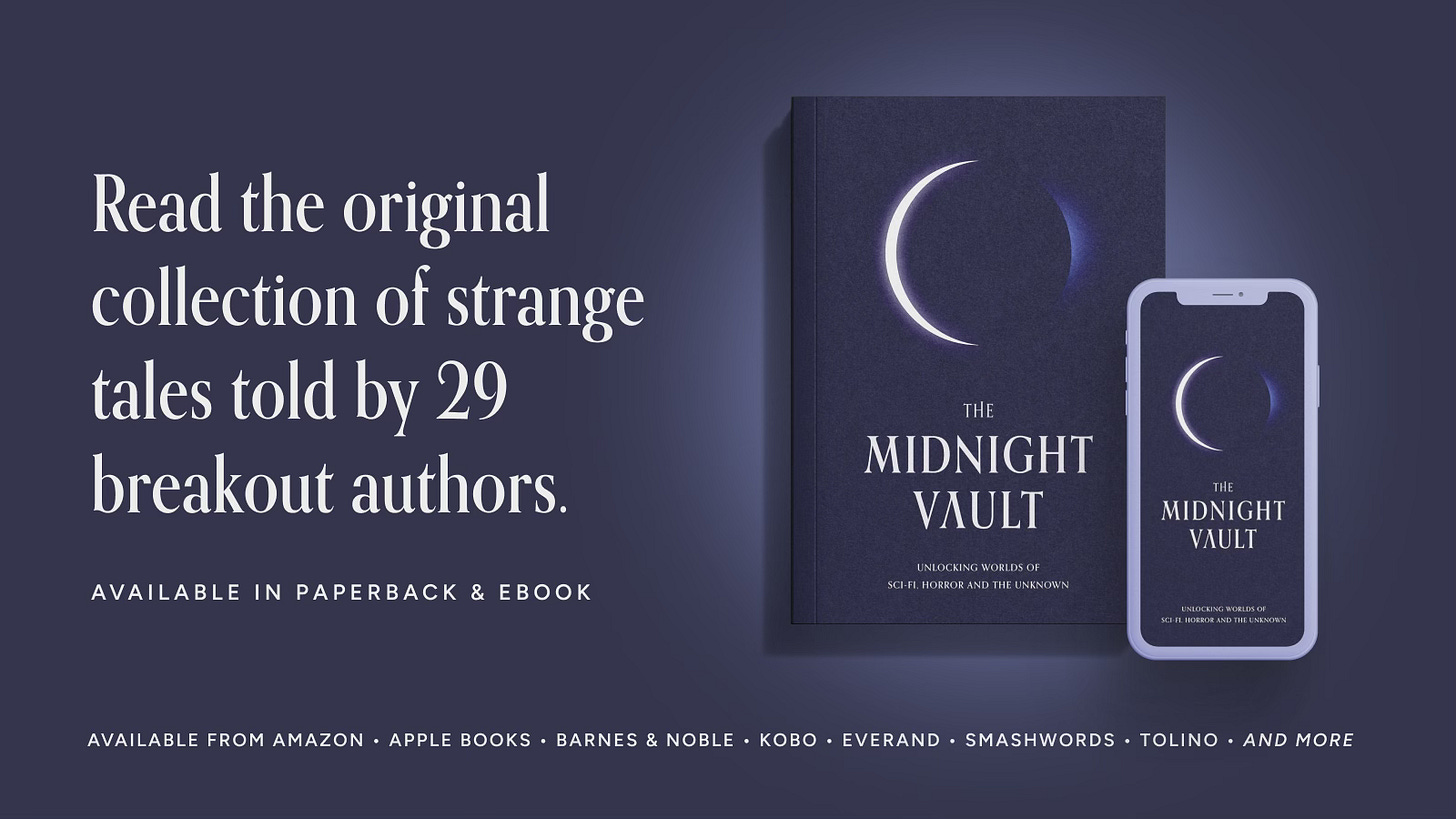 The Midnight Vault Volume one is a collection of scinece fiction and horror tales by 29 authors. This short story anthology was inspired by The Twilight Zone. Horror books like The Twilight Zone. Sci fi books like The Twilight Zone. 