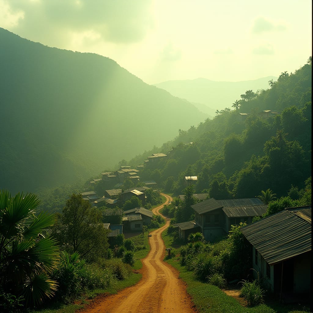 Idyllic Jamaican village, scattered hillside settlements, lush green mountainside, winding dirt paths, rustic wooden houses, corrugated iron roofs, verdant tropical foliage, misty atmosphere, warm golden light, cinematic film grain, subtle vignette, rich color palette, vibrant hues, post-processed to perfection, inspired by the works of Terrence Malick, shot on location