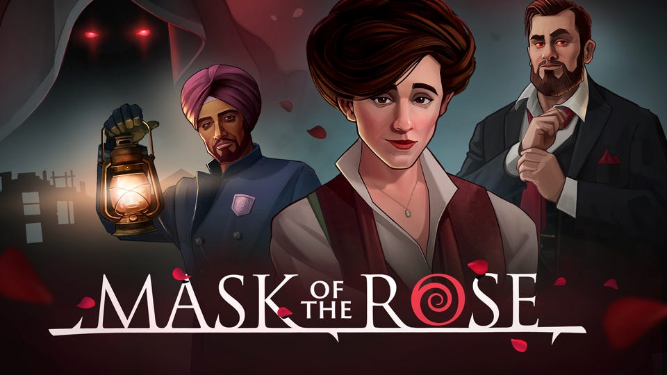 Promotional art for Mask of the Rose, showing several characters in a dark setting of Victorian London.